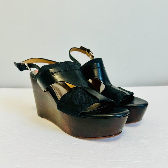 COACH SIGNATURE LOGO CANVAS AND LEATHER BLACK SLINGBACK PLATFORM WEDGES 6B - Picture 1 of 8
